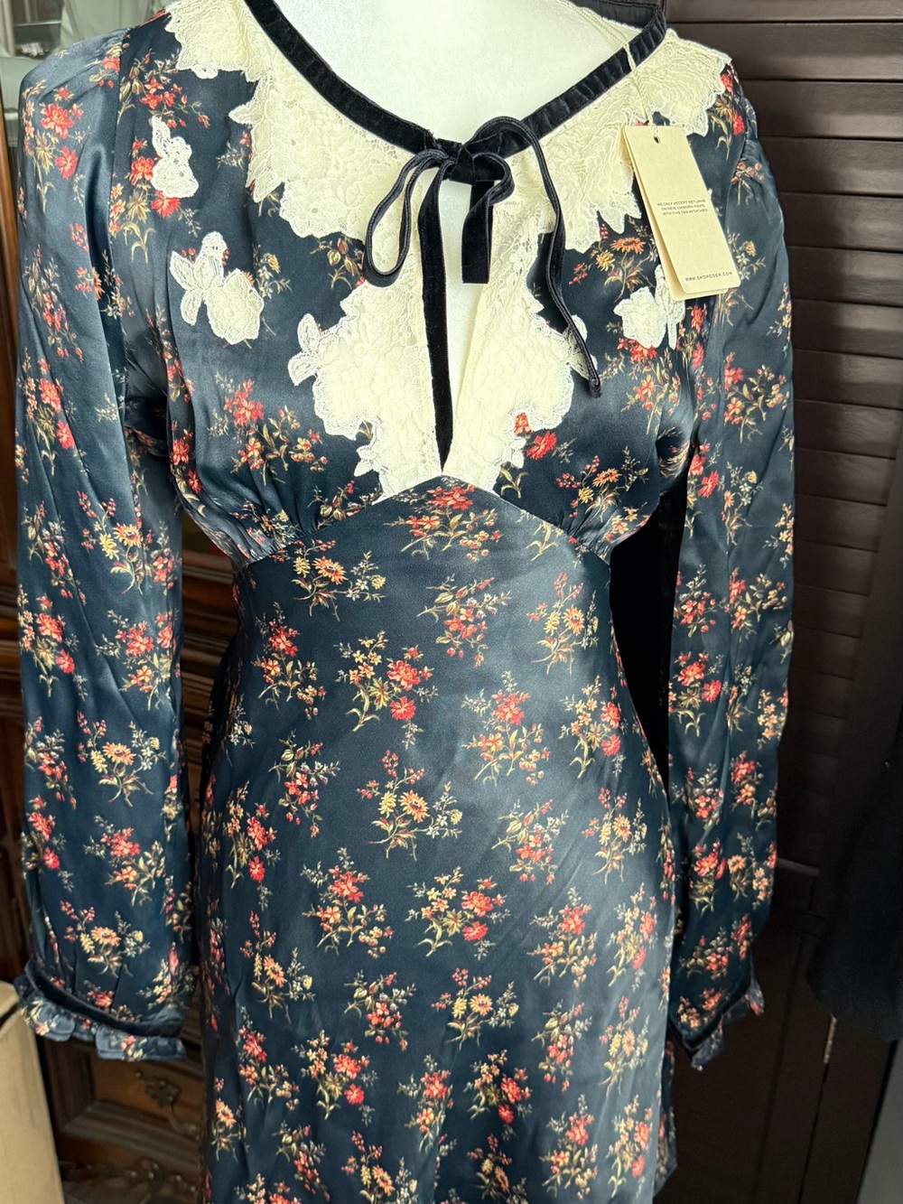 Doen Black Floral Mini Dress with Cream Lace Trim